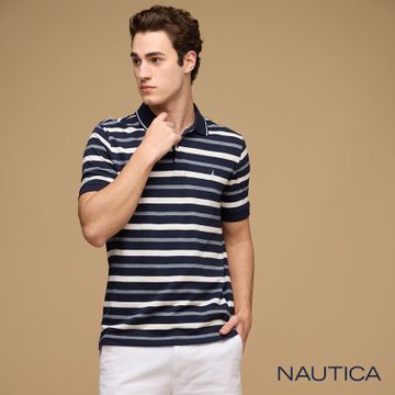 Nautica  男裝 度假感條紋短袖POLO衫-藍灰色