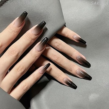 🎀台灣出貨🎀暗黑系歐美黑色辣妹漸變中長款手工輕奢美甲穿戴甲魔鏡粉鏡面腮紅