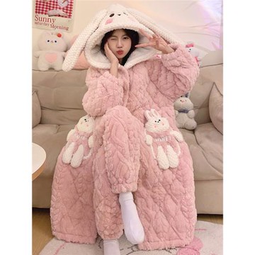 睡袍長款冬季加厚加絨法蘭絨睡衣女冬天珊瑚絨三層夾棉可愛家居服