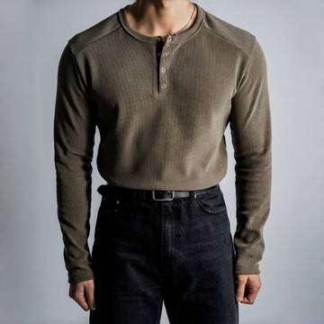 正韓肌肉款彈力羅紋肩切亨利領長袖上衣 4色 YUPPIE 預購商品 0323