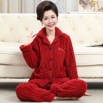 法蘭絨 媽媽睡衣 中老年人女士秋冬紅色老人珊瑚絨女冬季加絨女款