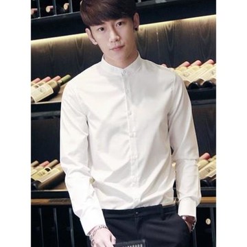 高檔小立領襯衫男白色韓版修身商務休閑發型師婚禮圓領中國風襯衣