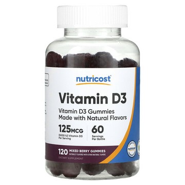 Nutricost, 維生素 D3 軟糖，什錦漿果味，125 微克，120 粒（每粒軟糖 62.5 毫克）
