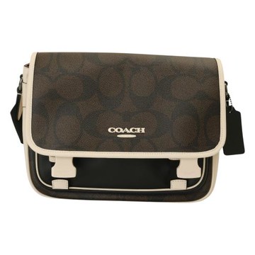 COACH-RACER 撞色拼接皮革翻蓋斜背包(深咖x白)