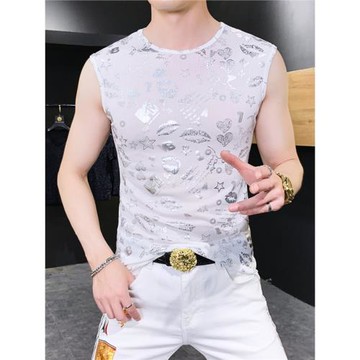 夏季無袖t恤男士時尚潮流印花背心冰絲薄款透氣坎肩個性寬肩汗衫