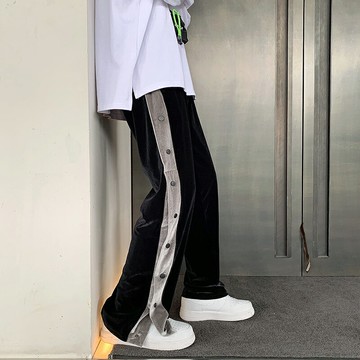 垂感拼色排扣褲男籃球春夏季薄款bf直筒抽繩運動九分闊腿拖地褲子