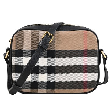 BURBERRY 8114074 經典格紋帆布斜背拉鍊相機包.黑 19cm