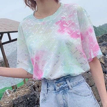 扎染漸變短袖T恤女ins潮2022年夏季新款寬鬆短袖原宿風亮閃閃上衣