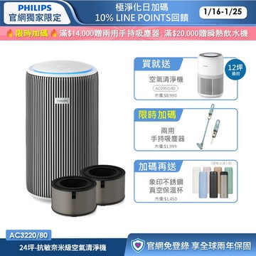 【結帳再折】買大送小・再送濾網｜飛利浦除甲醛抗敏奈米級空氣清淨機(AC3220/80)-適用24坪