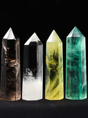 天然水晶原石單尖柱子擺件白黃綠螢石六棱水晶柱家居客廳裝飾品