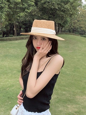 英倫復古手工編織寬檐平頂草帽女夏季防曬度假沙灘太陽帽氣質禮帽