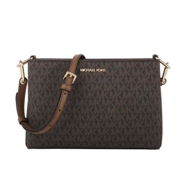 MICHAEL KORS   金字滿版MK PVC皮革三層斜背包(深咖)小款