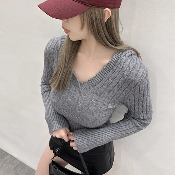 V領帶帽造型針織上衣-灰【KT224645】