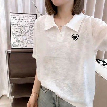 現款免運 大碼短袖 短袖T恤 純棉T恤女竹節棉洋氣減齡POLO衫女款短袖大碼透氣寬鬆純棉翻領T恤愛心上衣Ul