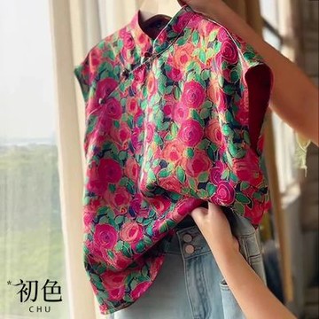 初色 新中式復古玫瑰油畫印花立領斜襟短袖唐裝短款旗袍襯衫上衣女上衣-花色-12554(M-2XL可選)