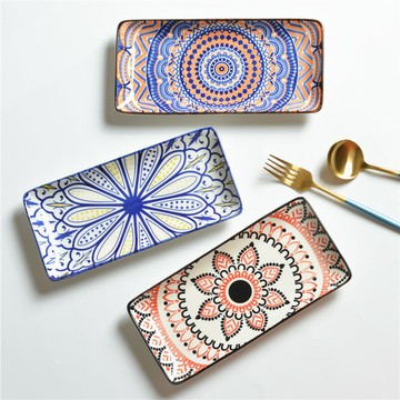 10寸長方形陶瓷盤日式釉下彩家用創意長條盤烤肉盤壽司盤魚盤