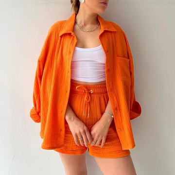 翻領長袖襯衫抽繩短褲兩件套 Lapel Shirt Shorts Two-piece Set