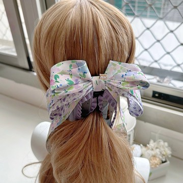 獨家款花卉立體蝴蝶結相交夾香蕉夾仙女夾髮夾-紫色花朵