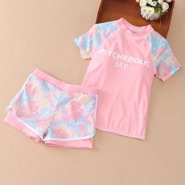 兒童泳衣2024新款女童中大童游泳衣夏季分體可愛女孩防曬速干短褲