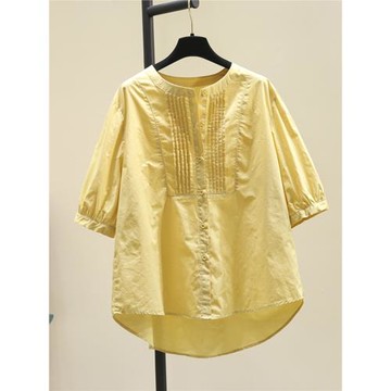 黃色減齡娃娃衫圓領襯衫女2024夏季新款韓版寬松短袖襯衣薄款上衣