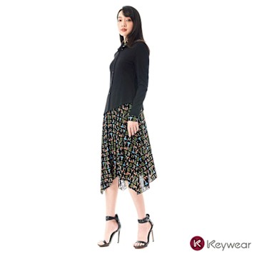 KeyWear奇威名品    不對稱剪裁字母印花長裙-黑色