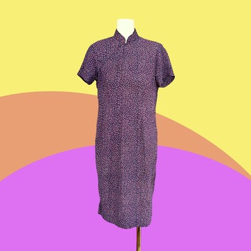 二手 藍紫 印花 雪紡 有內裡 有拉鍊 短袖 洋裝 CA320