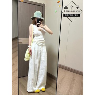 175高個子加長白色苧麻闊腿褲女夏季高腰棉麻寬松直筒亞麻休閑褲