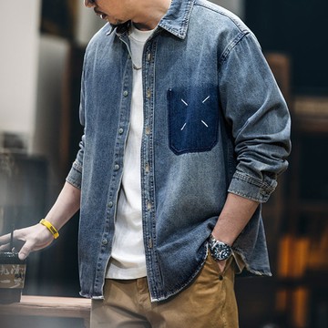 Wuluwear 美式工裝牛仔襯衫男士秋季2025新款復古水洗刺繡襯衫寬鬆男款外套