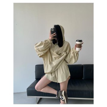 PAPERLLL辛間新款防曬休閑運動時尚套裝女肌理微皺連帽寬松兩件套
