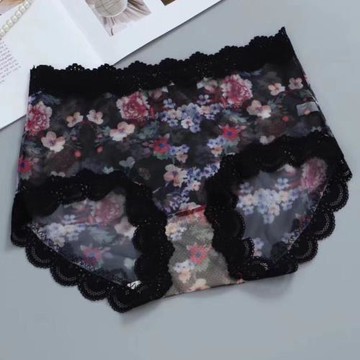 爆款碎花內褲女艾草中高腰大碼胖MM三角褲網紗微透性感無痕純棉襠