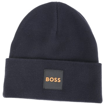 BOSS 字母徽標貼反摺針織毛帽(深藍色)