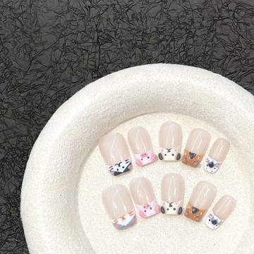 ✨Hannah✨超萌小貓小狗法式純手工美甲穿戴甲短款高級可愛顯白裸色學生辣妹美甲師源潤 KWGB