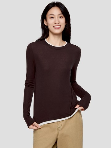 女裝 假兩件圓領長袖T恤-深棕色