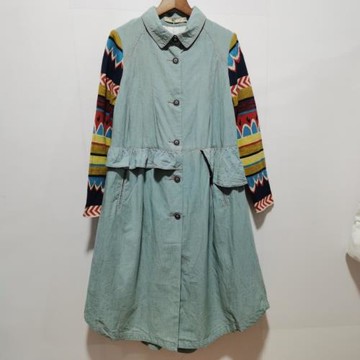 畫系列品牌去標撤柜春款牛仔外套針織袖拼接中長款大衣修身2106