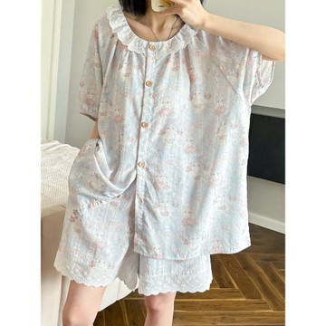 超涼快~蕾絲花邊甜美開衫薄款睡衣女夏純棉日系短袖天絲棉家居服