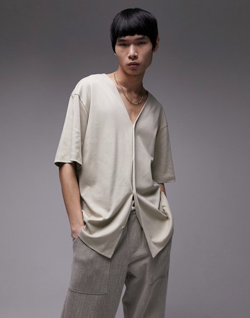 Topman premium button through t-shirt in stone-Neutral