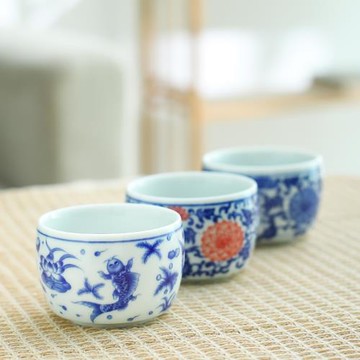 中式茶杯陶瓷主人杯復古青花瓷品茗杯功夫茶具單杯水缸杯酒杯家用