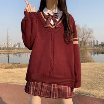 JK V領酒紅色可愛制服裙子毛衣