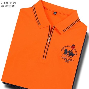 夏季短袖拉鏈t恤男POLO衫高檔刺繡t絲光棉橙色橘色翻領上衣冰絲薄