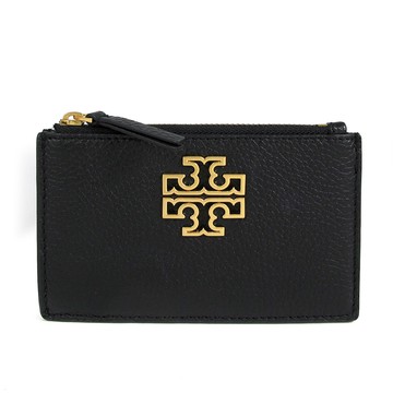 TORY BURCH BRITTEN 金屬鏤空LOGO黑色鵝卵石紋皮革拉鍊卡片/證件包