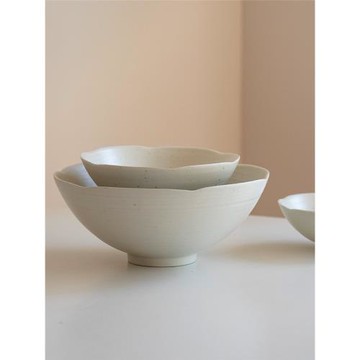 三宅家礦物瓷泥白色花邊純色復古中式陶瓷家用湯碗米飯碗沙拉碗