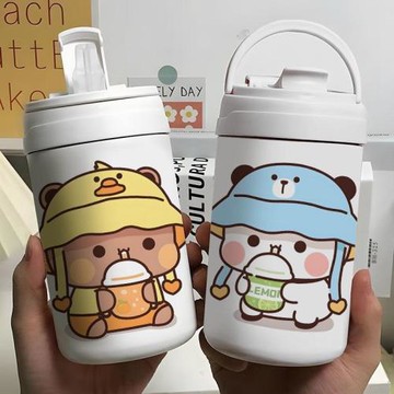 一二布布吸管杯保溫杯咖啡杯男女生情侶高顏值不銹鋼內膽雙飲水杯