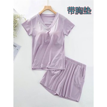帶胸墊小V領套裝短袖短褲兩件寬松女夏罩杯文胸一體家居服半袖T恤