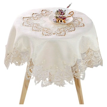 歐式奢華貢緞提花圓蕾絲餐桌布  米色  110 x 110cm  1條