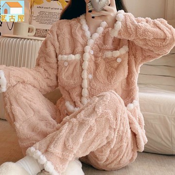 提花睡衣少女小外套V領秋冬季法蘭絨加厚珊瑚絨素色甜美家居服套裝