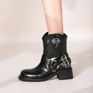 馬丁靴女2023新款圓頭粗跟皮帶扣機車靴美式網紅西部靴百搭短靴子