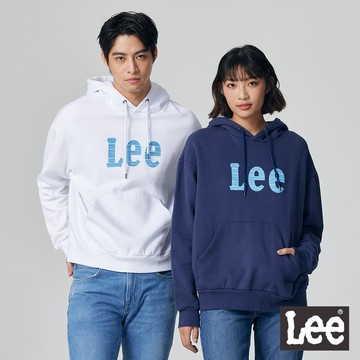 Lee 男女適穿 線條大LOGO內刷毛帽T 丈青 白色 FIT EM ALL LB330025