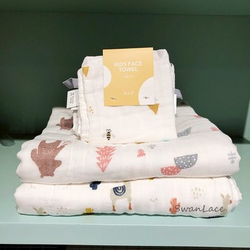 Swanlace精選 卡通動物棉紗巾純棉方巾綿柔擦臉毛巾浴巾口水巾