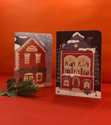【聖誕小屋佈置卡片】雪夜/晨光款 雙面房屋場景・附6款迷你貼紙