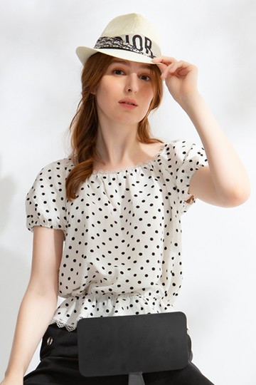 MW 蕾絲澎澎袖點點雪紡上衣